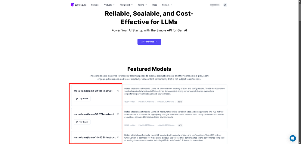 Novita AI page showcasing reliable, scalable LLM models.