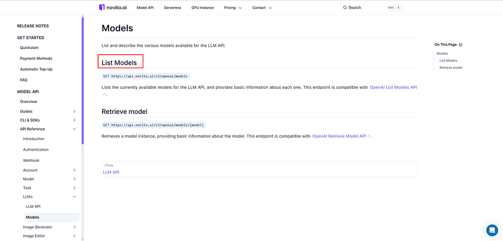 LLM API documentation showing list and retrieve models.