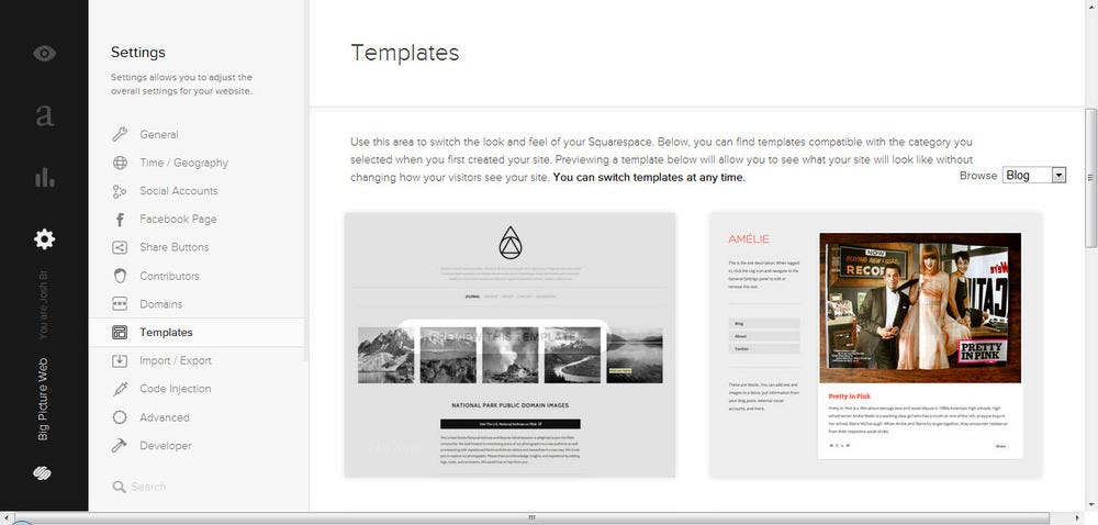 Squarespace dashboard