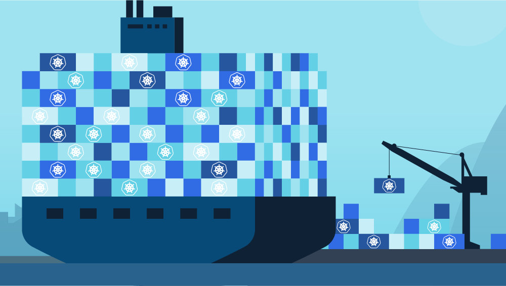 Drawing of a container ship full of containers in shades of blue with the Kubernetes logo on them.