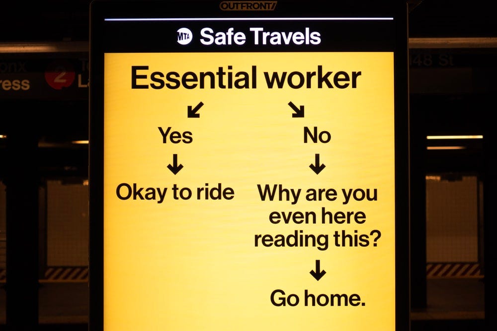 A subway ad encourages minimal travel for non-essential workers during the COVID-19 pandemic.