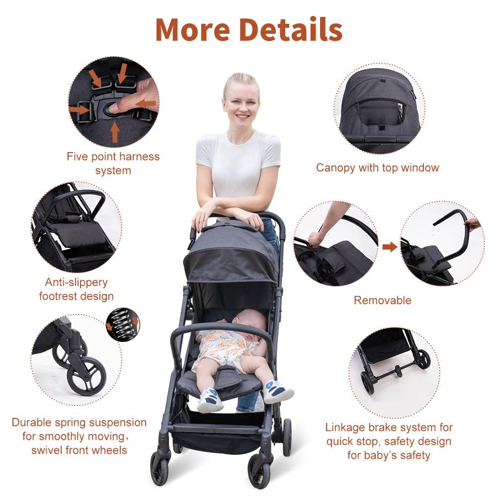 Lightweight Baby Stroller - Gravity Automatic Fold Travel Stroller for Airplane， One-Hand Folding Toddler Stroller，Compact Umbrella Stroller w/Adjustable Backrest/Footrest/Canopy…(Black)