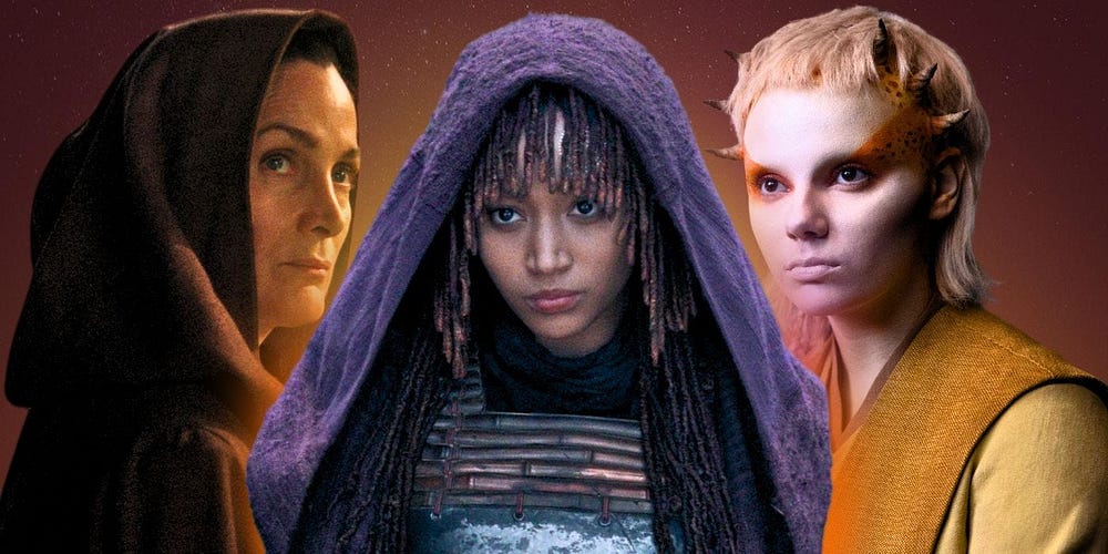 The Acolyte Amandla Stenberg as Mae wears a purple hood and looks at the camera, Carrie Anne Moss as Indara wears a brown hood and looks up and to the right, and Dafne Keen looks to the left with Jedi robesStar wars acolyte: I Love Badass Girls in Movies, but These Modern Characters Make me Want to Vomit