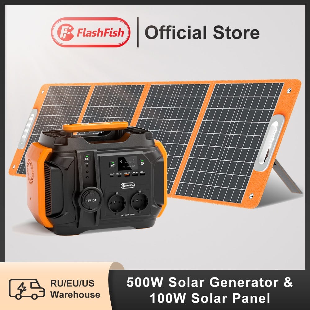 FF Flashfish A501 Portable Power Station 540Wh 500W Pure Sine Wave Solar Generator with 100W Solar Panel Complete Kit System Set