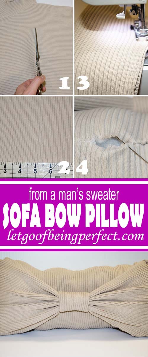 Refashion a man's sweater into this cute sofa bow pillow. Easy step-by-step sewing tutorial. Repurpose and remake, DIY crafting. Refashionistas!