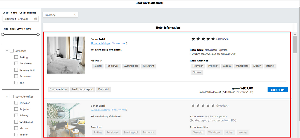 Showcasing hotel and room facilities with React Data Grid