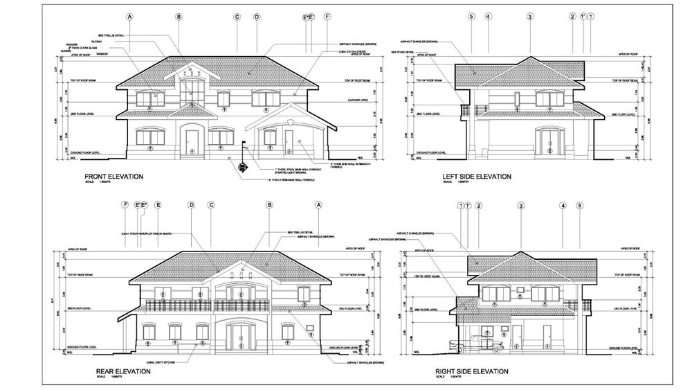 2D architectural drawing showing the front, back and side elevation