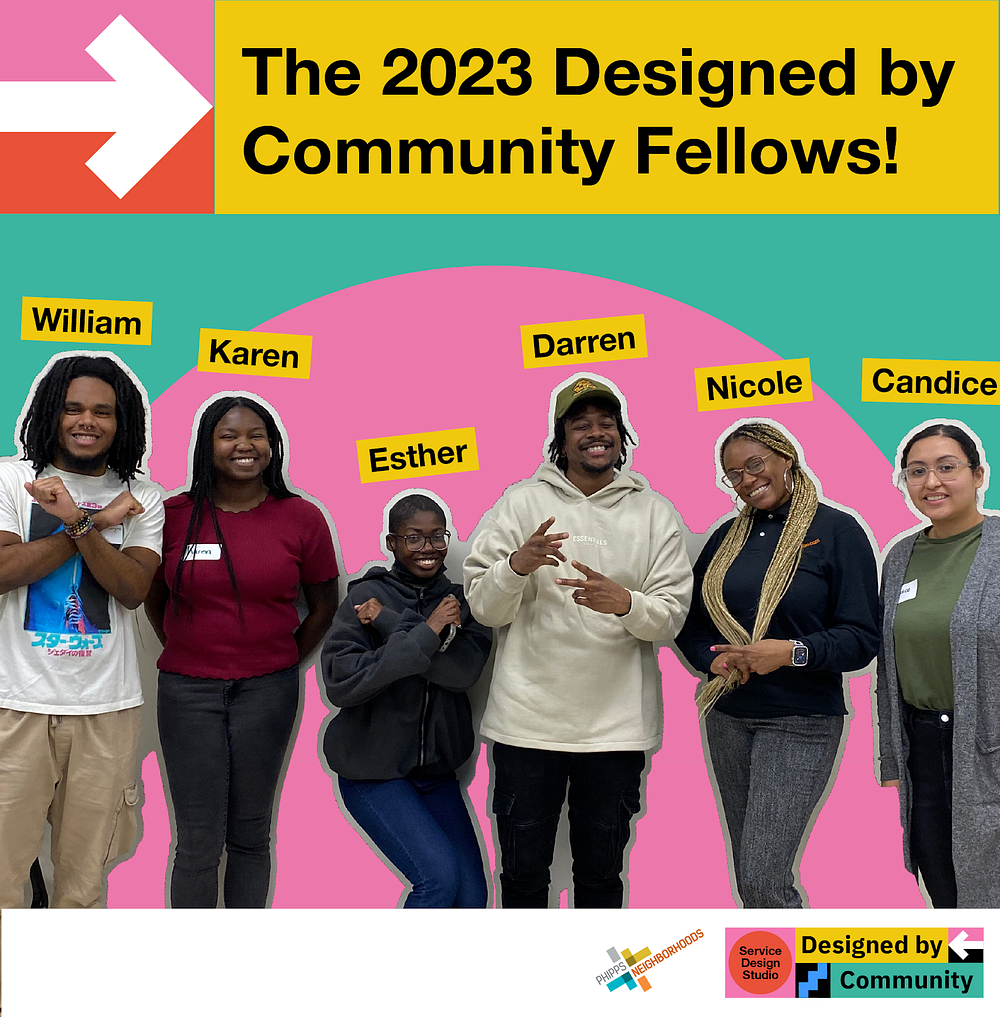 Image of the six Designed by Community program Fellows smiling and standing shoulder to shoulder.