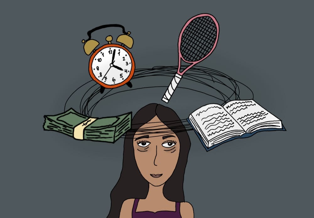 Cartoon of exhausted woman thinking about money, time, a tennis racket, and a book.