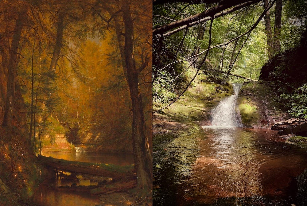 The Trout Pool by Worthington Whittredge, 1870 and Catskill Waterfall by Todd Spire, 2020