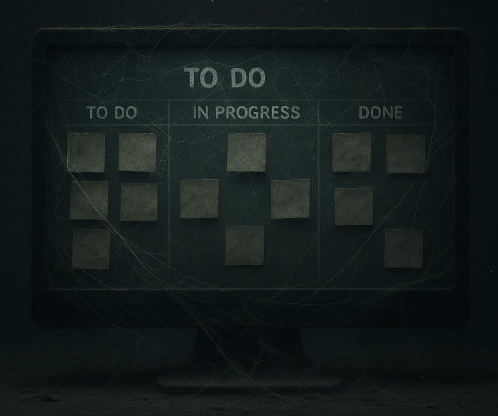 Digital Kanban board covered in cobwebs symbolizing stagnation and neglect of the process