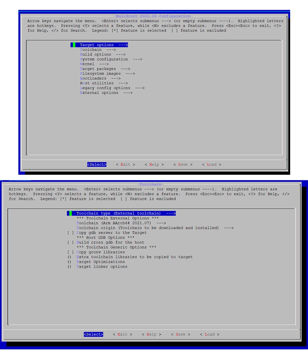 Screenshots of Buildroot main menu