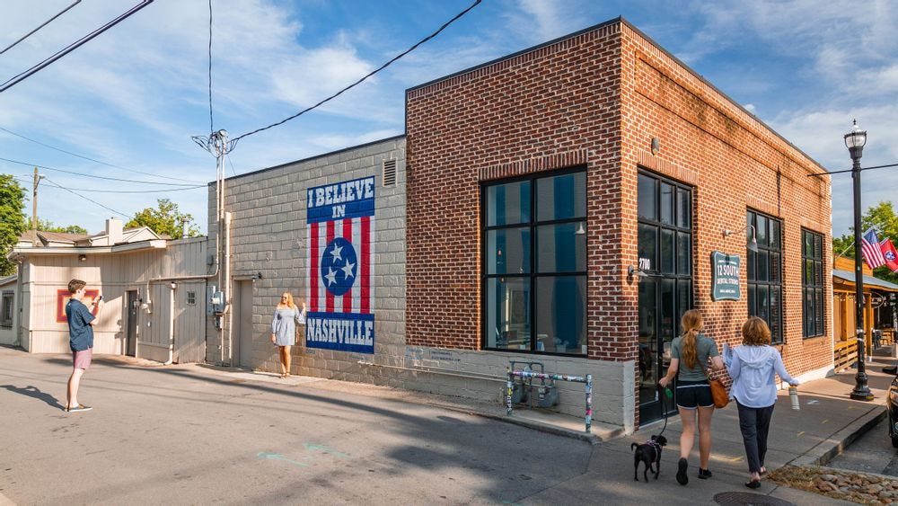 Image of people taking pictures in front of the I believe in Nashville mural in 12 South