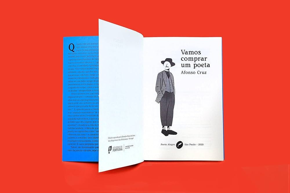 Book “Vamos comprar um poeta” ("Lets buy a poet") by Afonso Cruz, open to the first page, against a red background