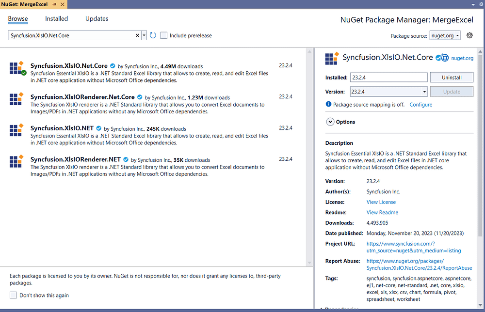 Install Syncfusion.XlsIO.Net.Core NuGet package.