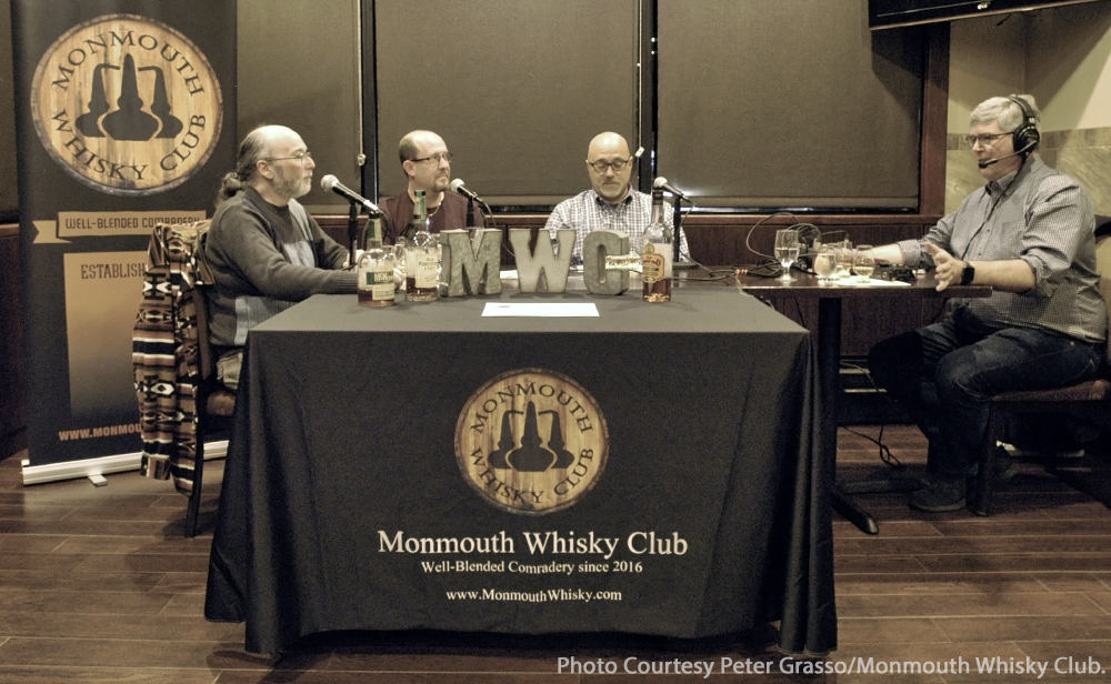 Monmouth Whisky Club members (L-R) Michael Timpanero, Glen Fuchs, and Rich Romano with WhiskyCast's Mark Gillespie. Photo courtesy Peter Grasso/Monmouth Whisky Club.