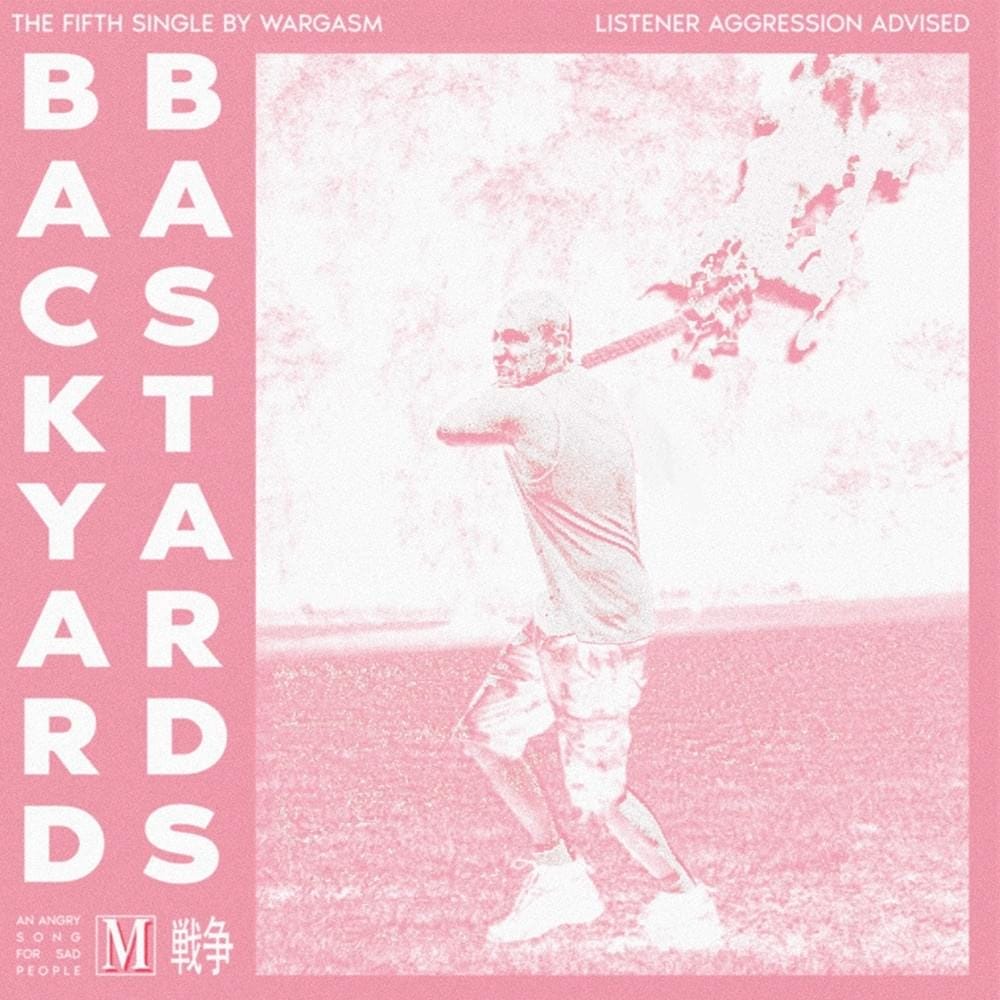 The album cover for Wargasm’s “Backyard Bastards” — a pink single cover featuring Sam of Wargasm with a flaming guitar