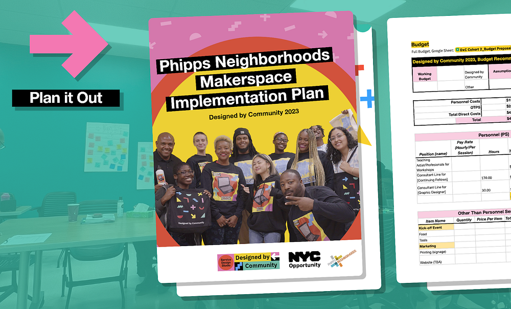 Image of the implementation plan cover page which includes all team members smiling and wearing black long sleeved Designed by Community t- shirts that have a laptop computer image on them.