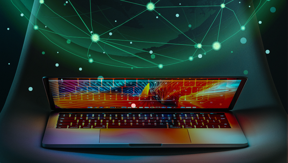 Half-folded laptop with colorful screensaver, in front of an abstract dotted-web background