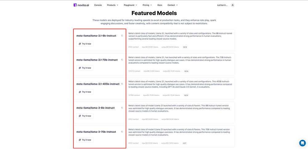 Screenshoot of Llama model list on Novita AI