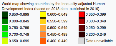 World maps showing countries by the Inequality-adjusted Human Development Index