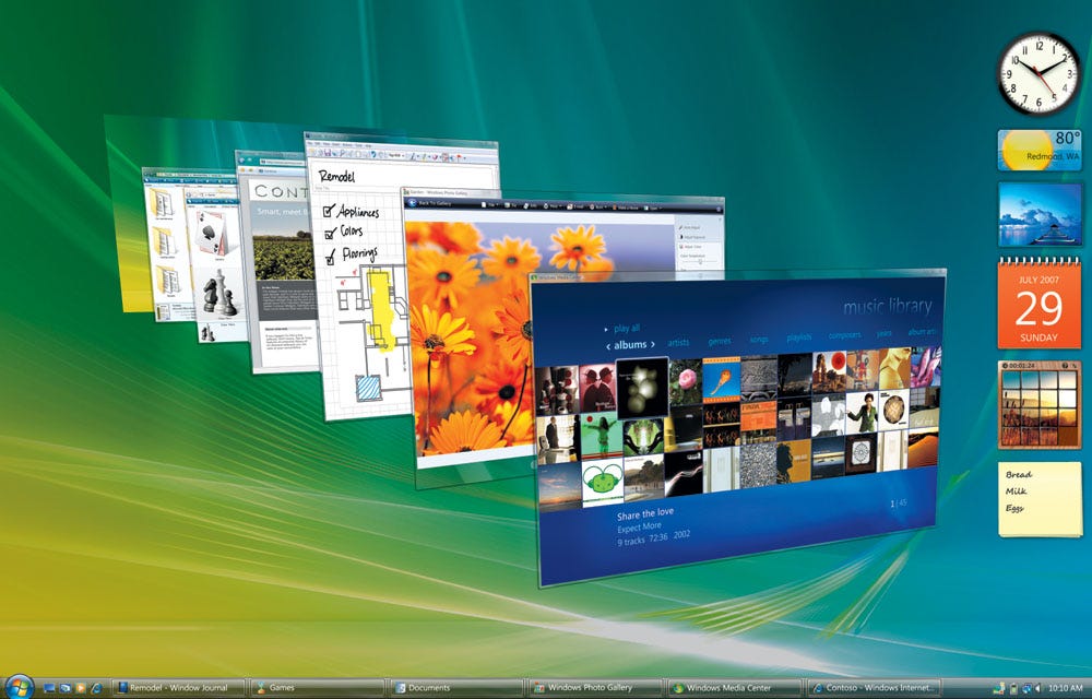 A screenshot of Windows Vista desktop, displaying windows organised in a 3D arrangement, icons and widgets on the right and a green and blue background.