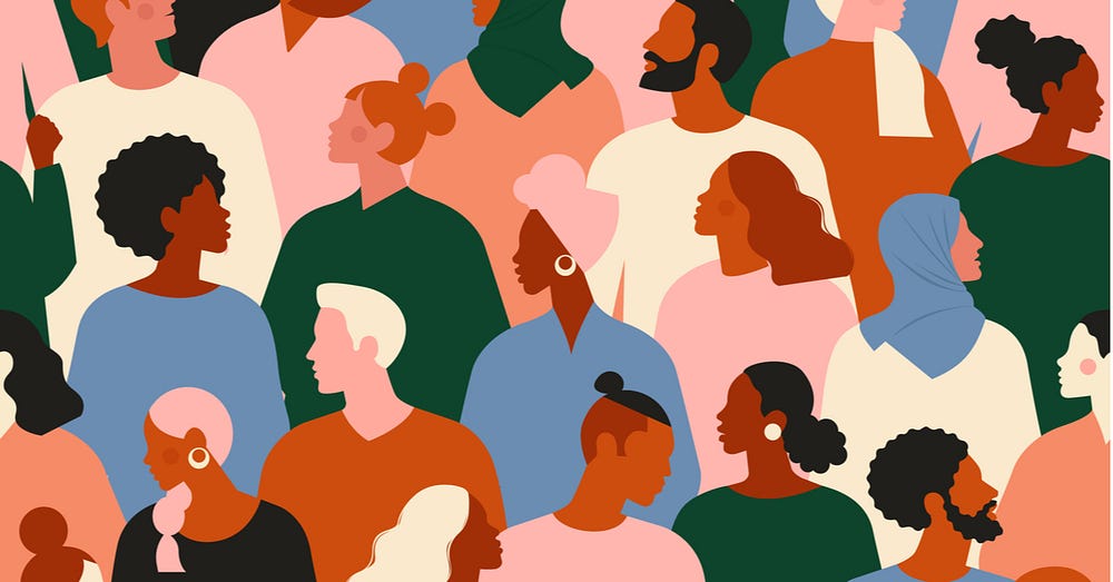 Illustration displays a crowd of diverse ethnicities