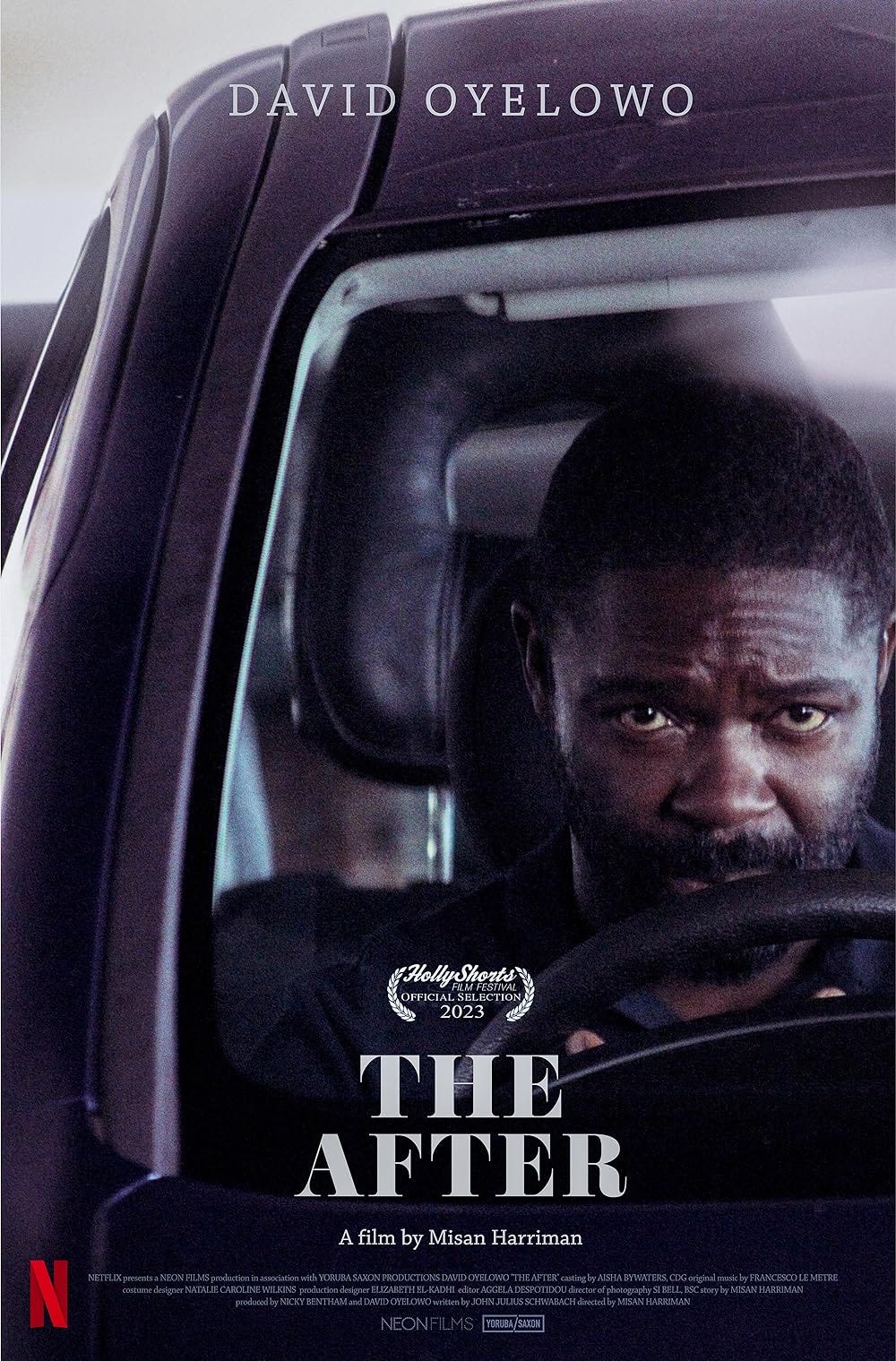 The movie poster for “The After”. The lead actor, David Oyelowo, is sitting in a car, with his hands on the steering wheel while he stares ahead.