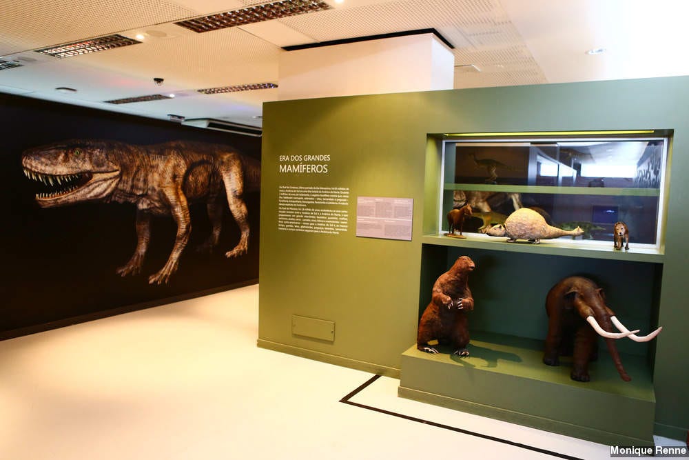 foto da parte interna do espaço do conhecimento da UFMG, da pra ver uma exposição com réplicas de animais pré históricos