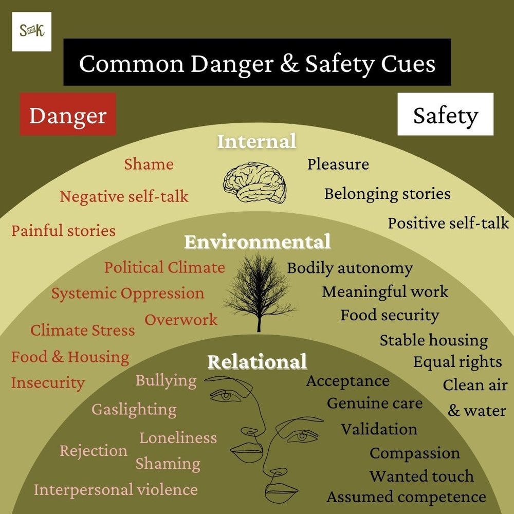 Neuroception, or our bodies ability it determine if we are safe or not, is determined by scanning for cues of safety or danger outside (environmental), within (internal) or between (relational).