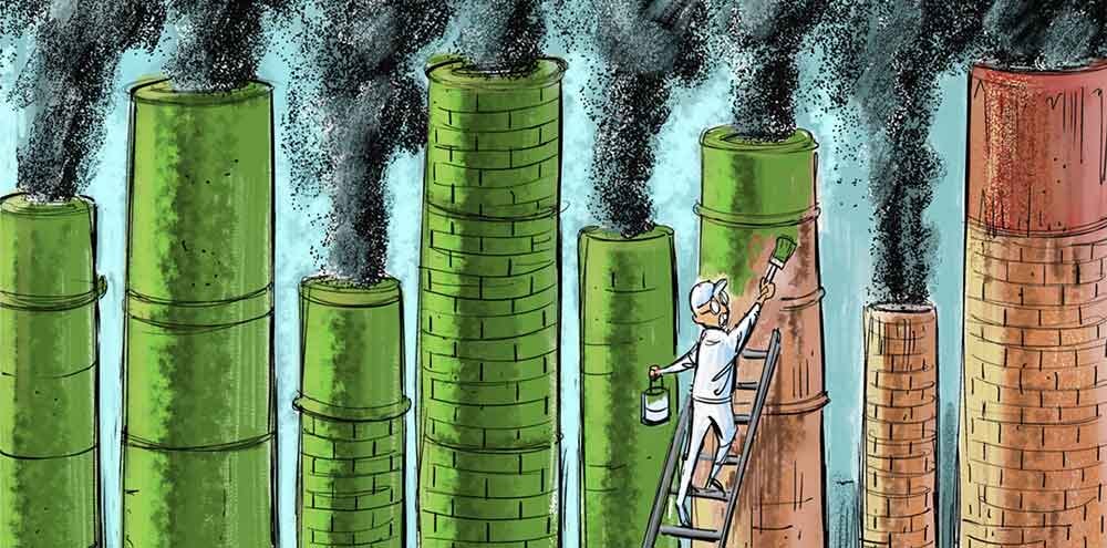 Cartoon depicting a person painting smokestacks green.