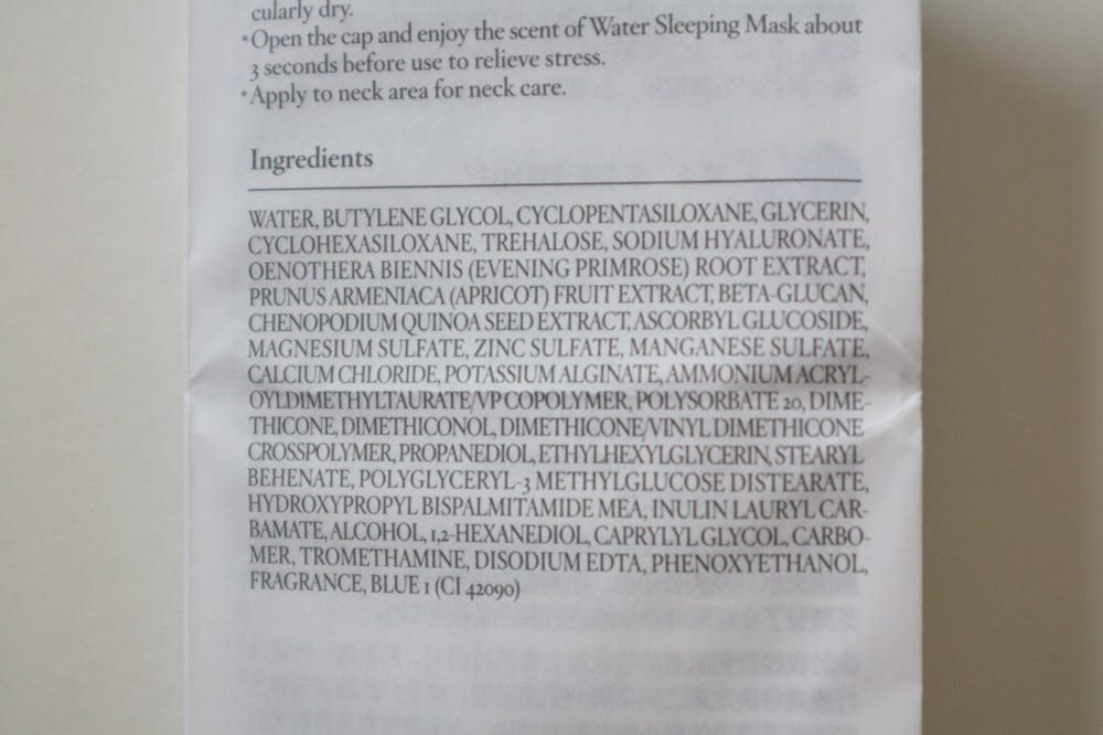 Laneige Water Sleeping Mask Review - ingredients