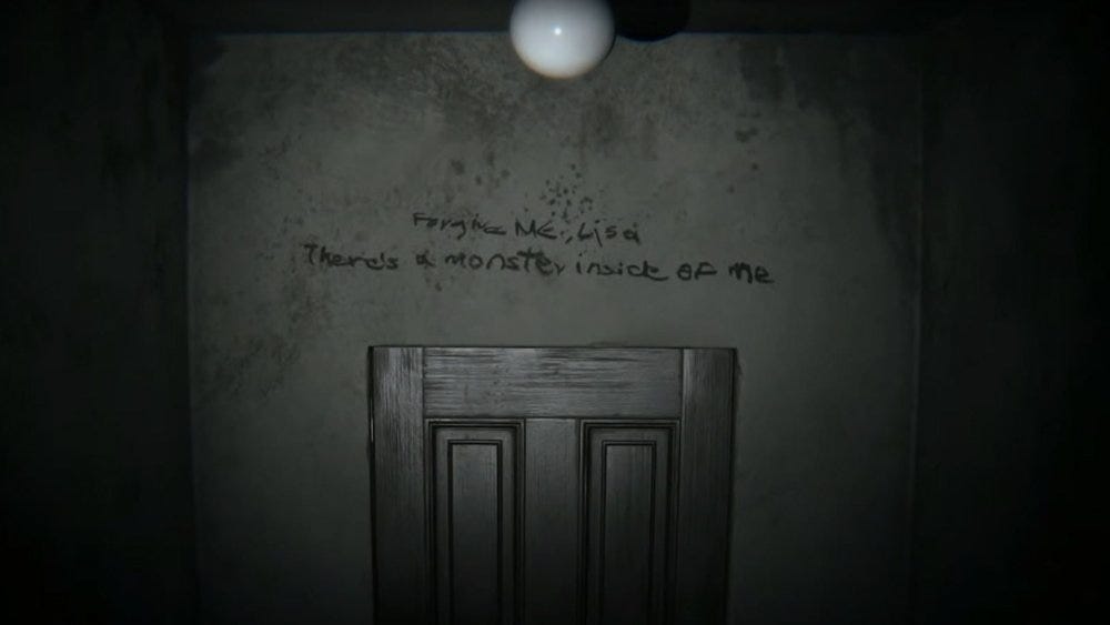 A haunted wall with the note: “Forgive me, Lisa. There is a monster inside of me.”