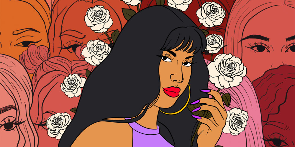 A drawing of a woman with straight dark hair, bangs, big gold hoop earrings, and red lipstick