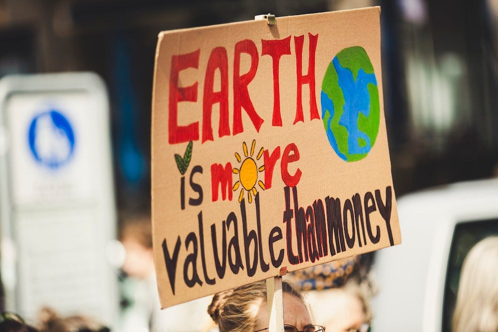 A cardboard sign from a protest reading “Earth is more valuable than money”