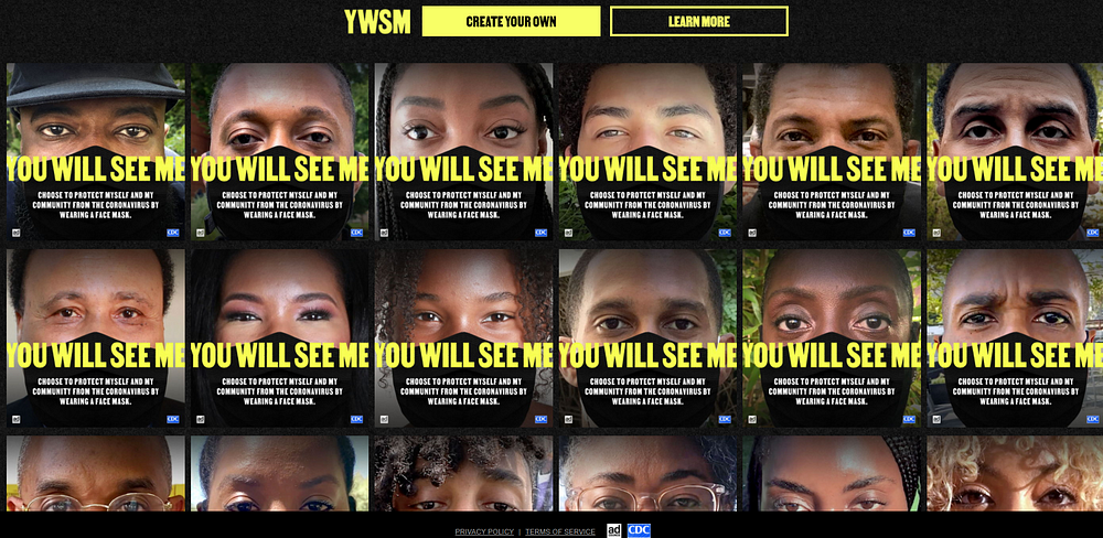 A website by CDC called You Will See Me featuring tiled images of young adults wearing facemasks.