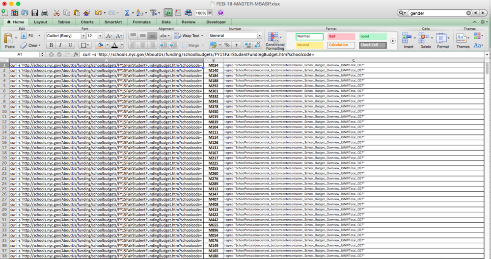 Constructed the curl command 500+ for every middle school in NYC times using excel