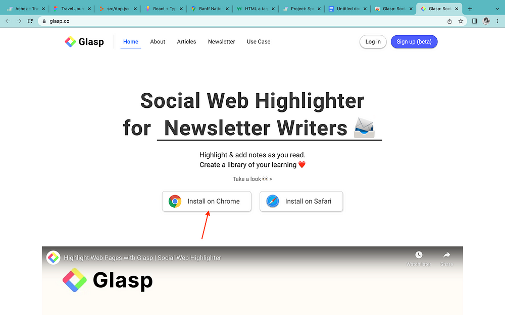 A button to install Glasp on Chrome browser