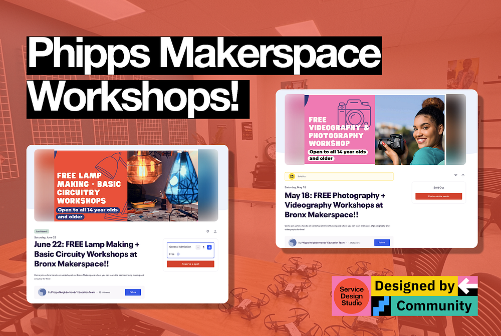 Graphic of Phipps Makerspace workshop offerings including “Free Lamp making & Basic Circuitry workshops” and “Free Photography + Videography workshops”