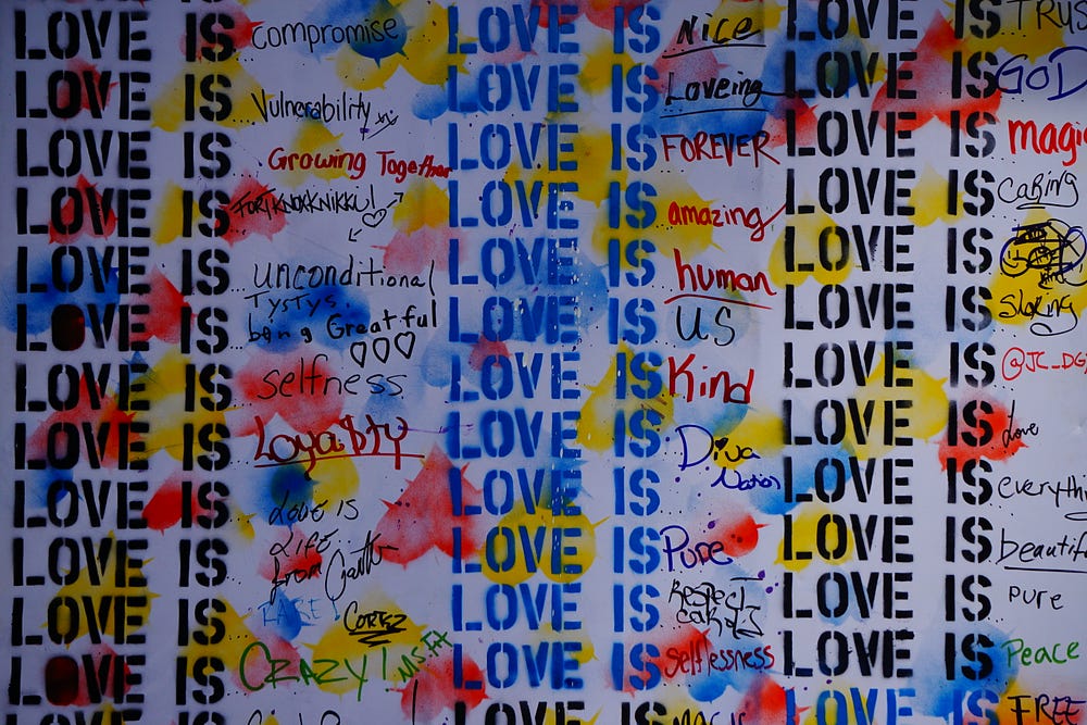 A placard that lists the ‘things’ that Love Is. The answers are many, handwritten with positive replies. Love is Everything.