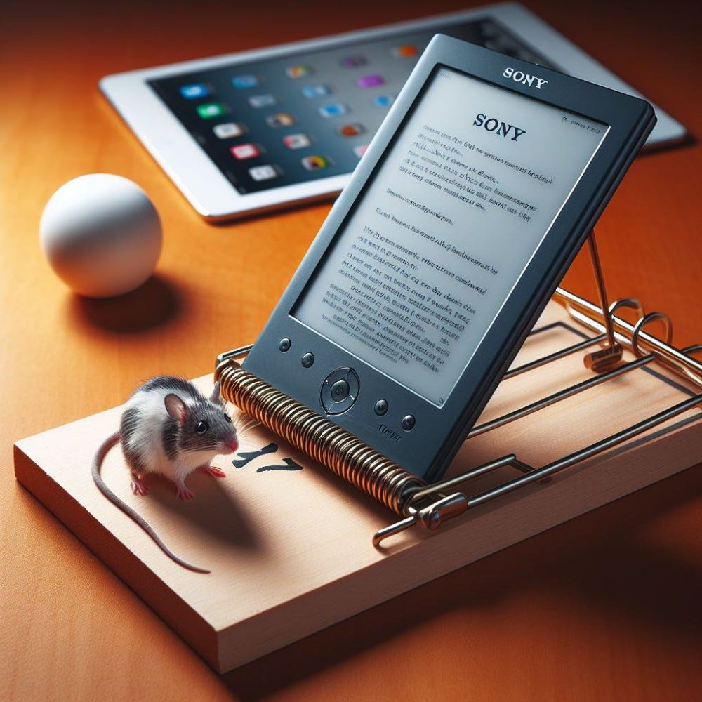 A Sony e-reader in a mousetrap with an Apple iPad in the background