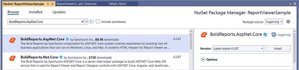 Installing the Bold Reports ASP.NET Core Reporting NuGet Package for .NET 6 Support.