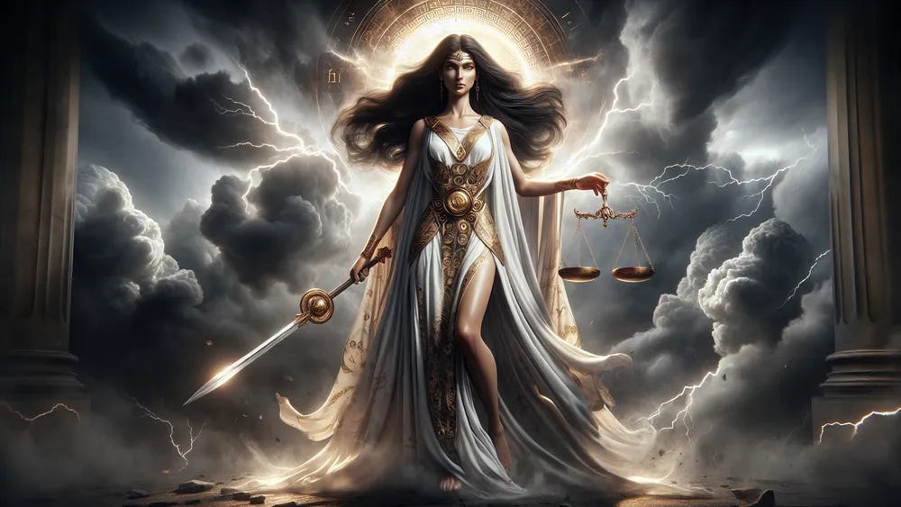 One of images for “ancient scales of destiny”. Woman among energetic clouds holds a sword and scales, ready to bring justice, not blindfolded