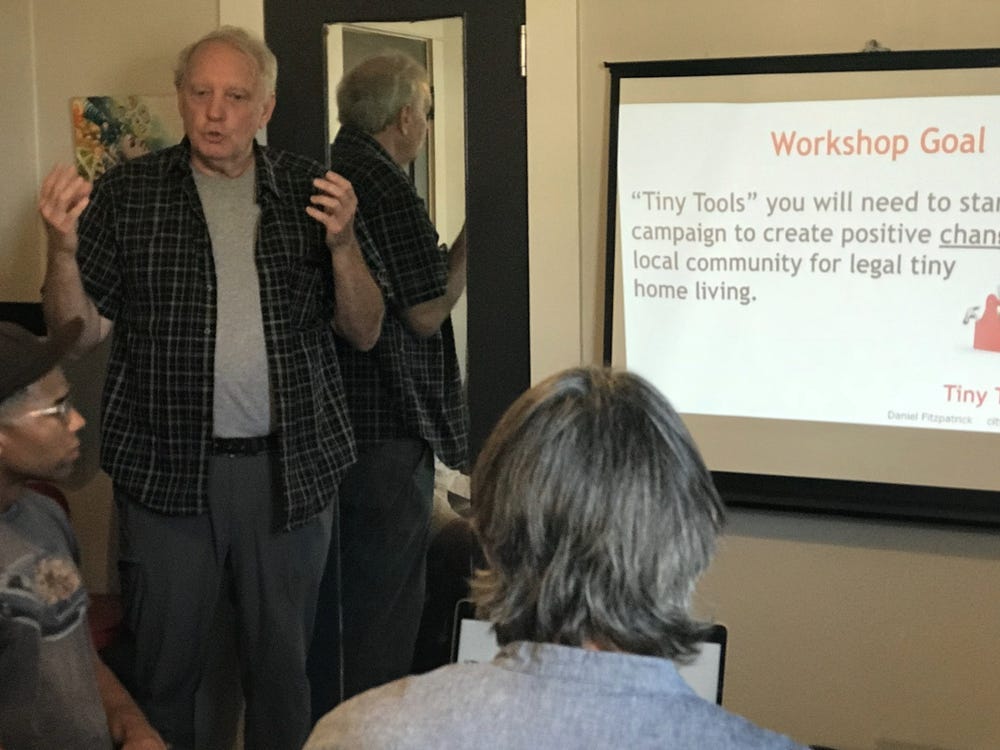 Fitzpatrick teaching a workshop on tiny house zoning.