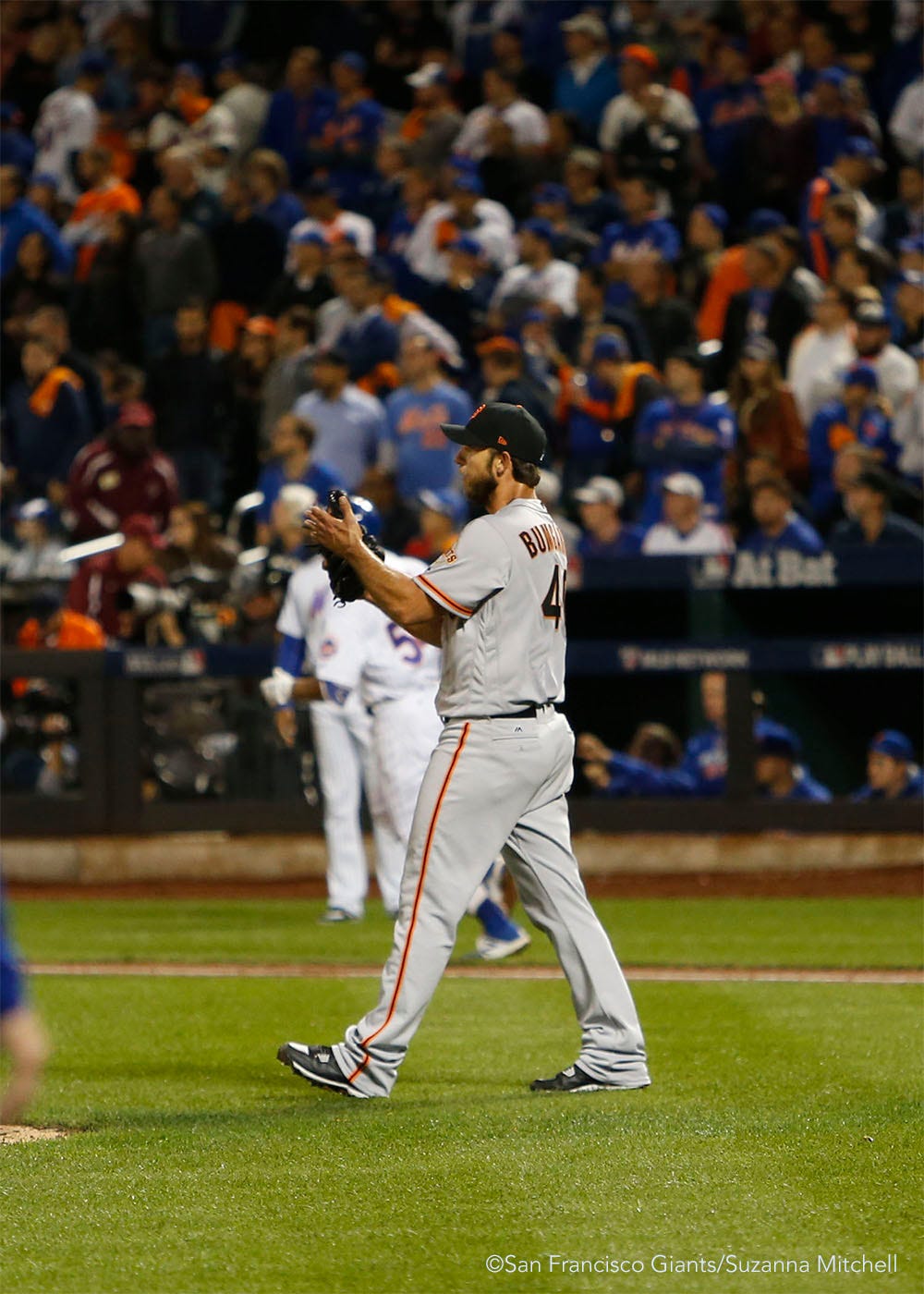 Madison Bumgarner celebrates after the final out of the ninth inning.