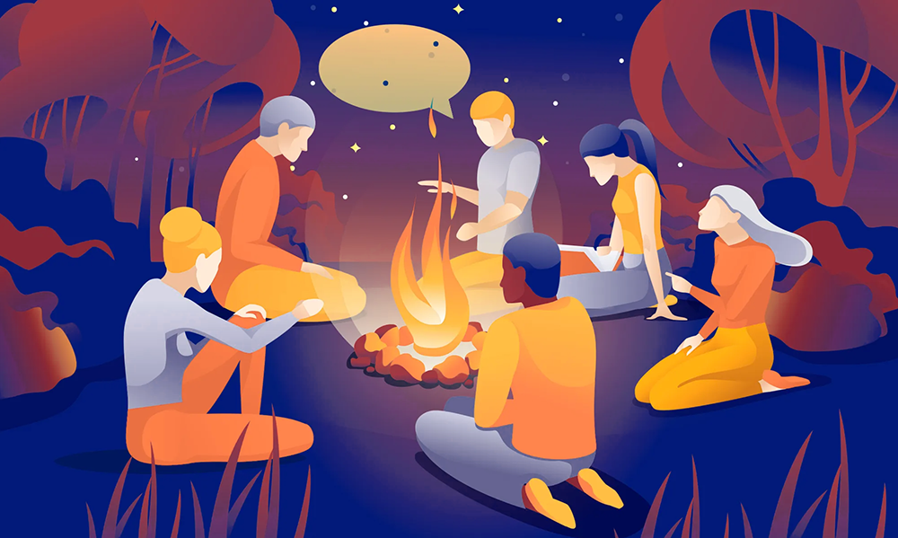 Storytelling illustration of friends sitting around a campfire telling stories.
