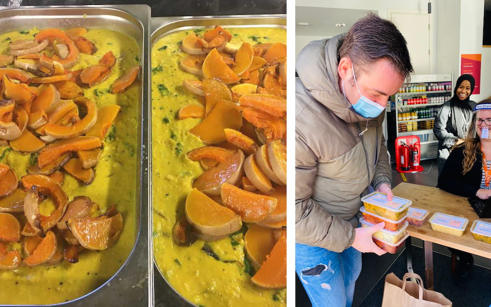 Squash and sweet potato curry dishes and a man collecting takeaways