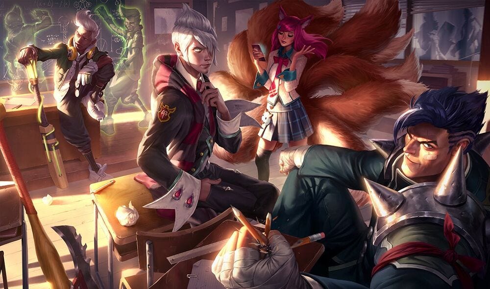 Ahri in a school uniform with her peers