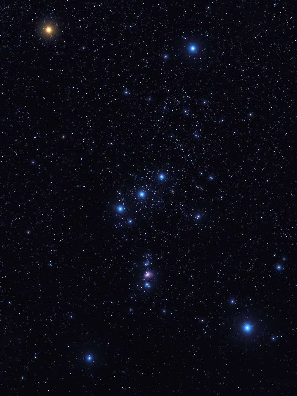 Orion constellation — looks like a hourglass the middle are the three stars of Orion belt, and on top left there is a bright star — Betelgeuse. On the biottom right there is another brioght star — Rigel. Below the orrion belt, there is a fuzzy reigon — a nebula