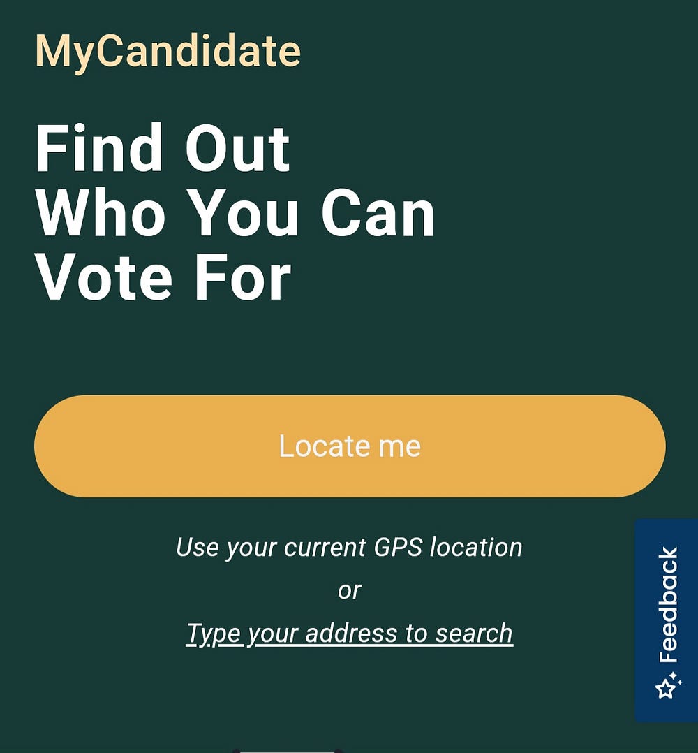 An screengrab of the My Candidate Nigeria landing page with the locate me button and type address link.